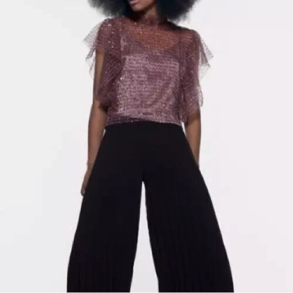 Zara Angel Ruffle Sequin Sheer/Mesh Dusty Pink Top. Sz M